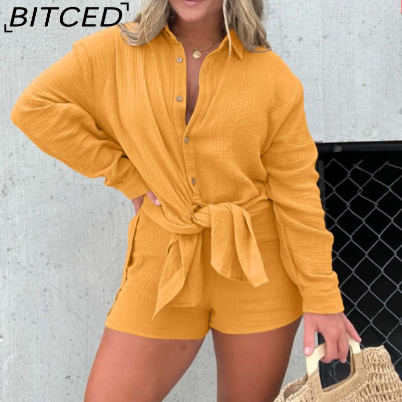 BITCED חולצת נשים שרוול ארוך מבד מקומט סט שני חלקים אופנתי קז'ואל מכנסיים קצרים מותן גבוה