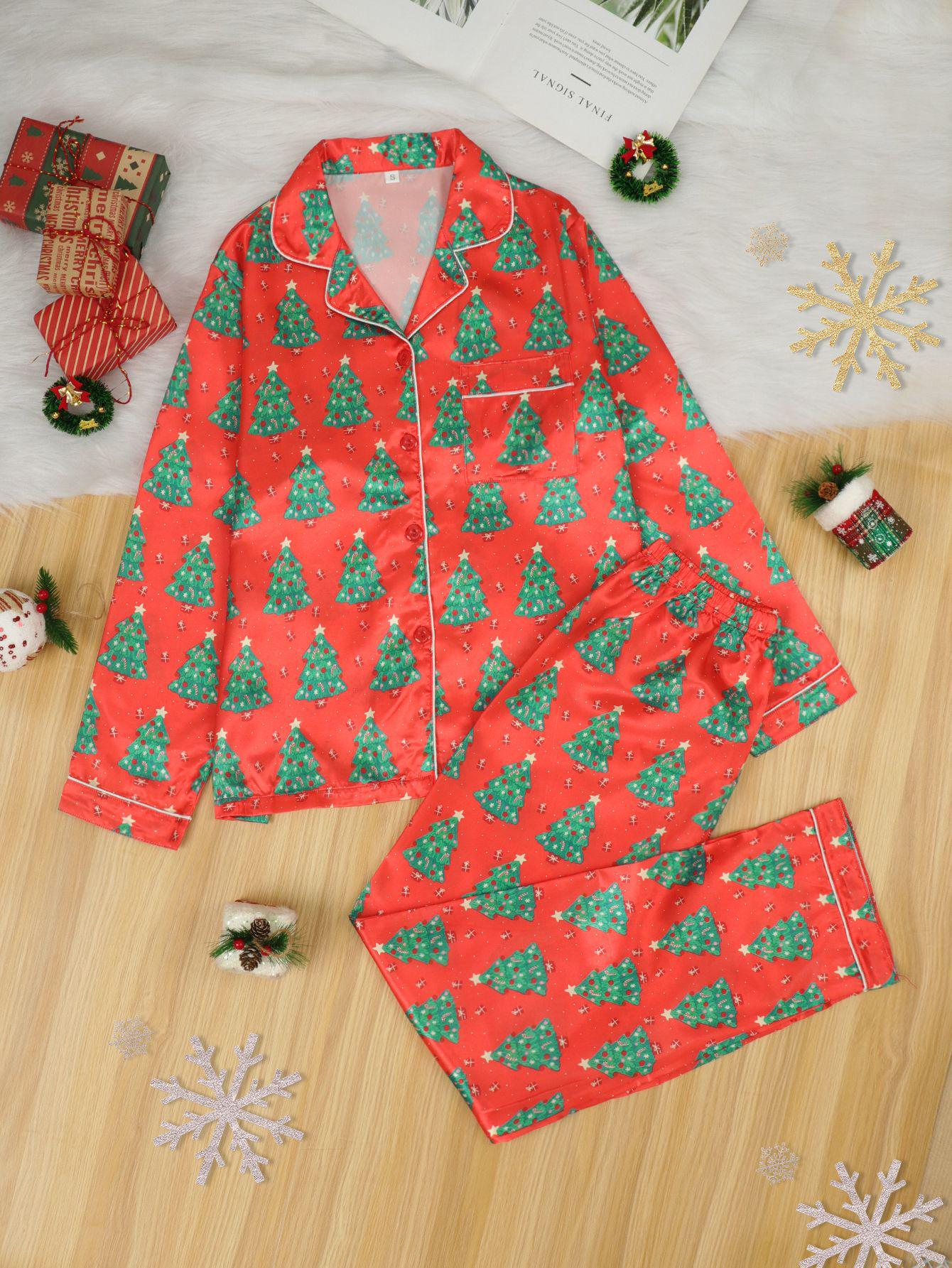 

Сатиновый пижамный комплект для весны и осени: Рождественский кардиган, с лацканами, с длинным рукавом, длинные брюки, женская домашняя одежда из искусственного шелка M