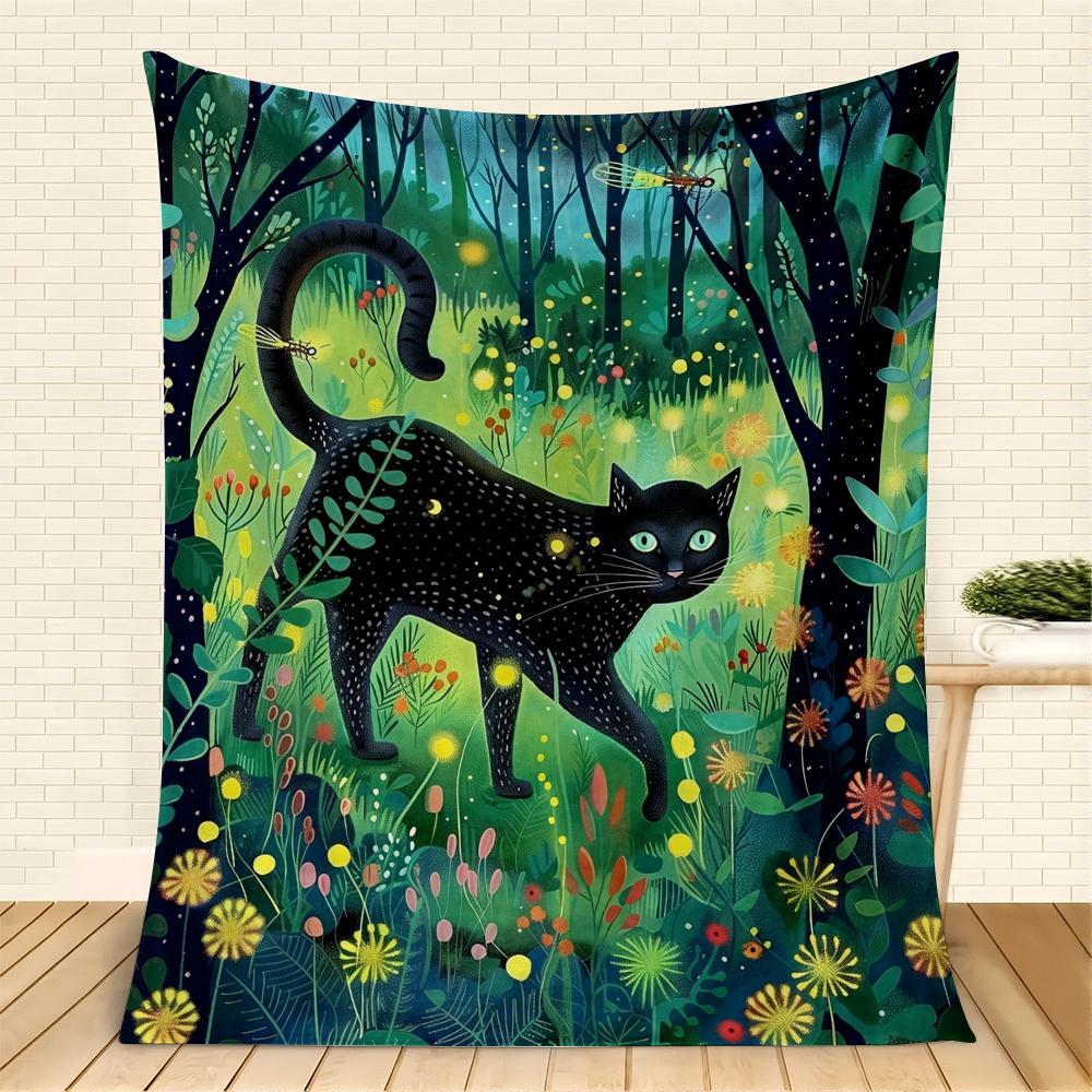 Enchanted Forest Black Cat Flannel Blanket, Magical Woodland Art Throw, Soft Cozy for Cat Lover Home Decor, Warm Sofa Couch Gift