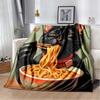 Retro Manga Style Black Cat Eating Ramen Print Flannel Blanket, Vintage Anime Throw Blanket