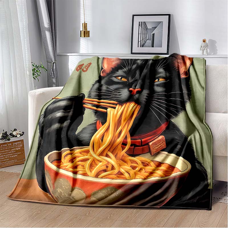Retro Manga Style Black Cat Eating Ramen Print Flannel Blanket, Vintage Anime Throw Blanket