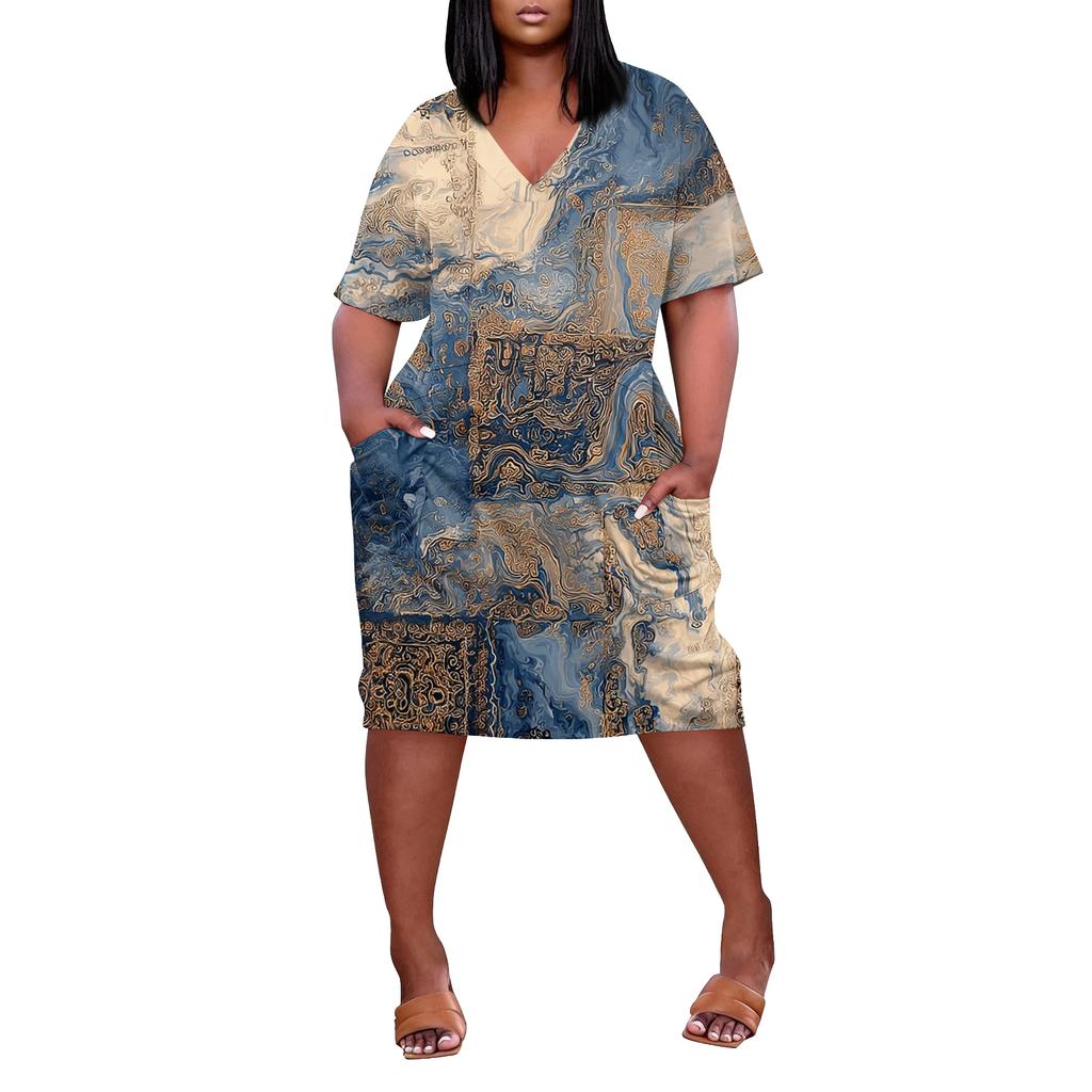 Letní nadměrné velikosti V výstřih krátký rukáv ke kolenům kapsa potisk ležérní šaty pro ženy