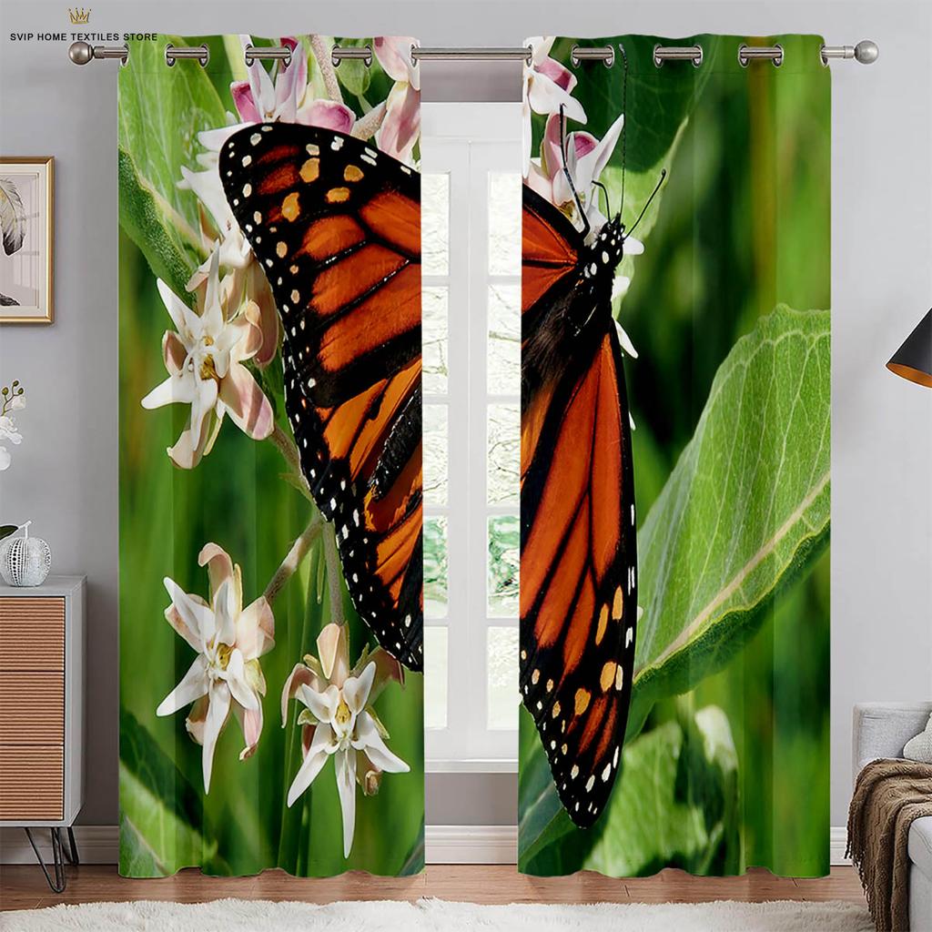 Butterfly Floral Watercolor Print Curtains, Decorative Curtains, Bedroom, Living Room, Study Room, Can Be Customized, 2 PCs