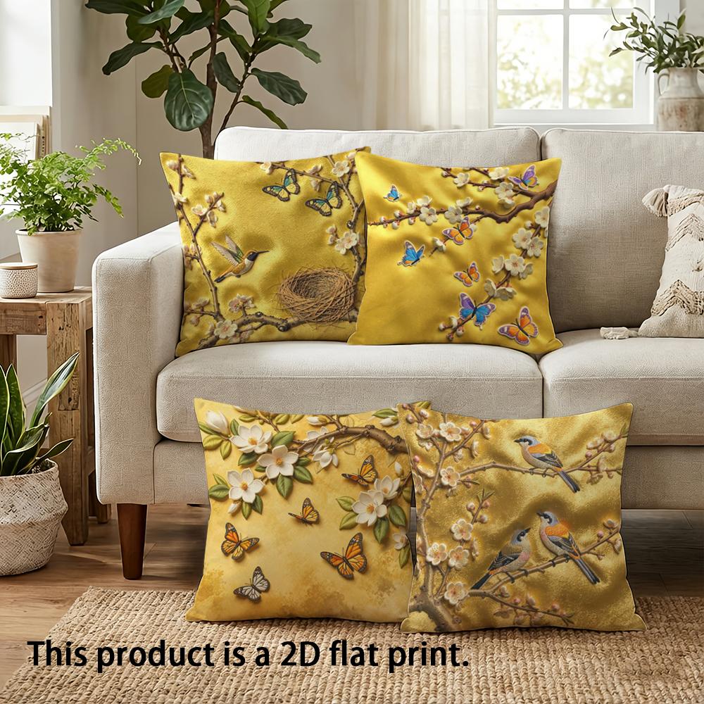 1/4Pcs Yellow Floral Bird And Butterfly Patterned Pillow Covers Sofa Bed Cushion Cover Home Bedroom Decoration, 2D Flat Printing
