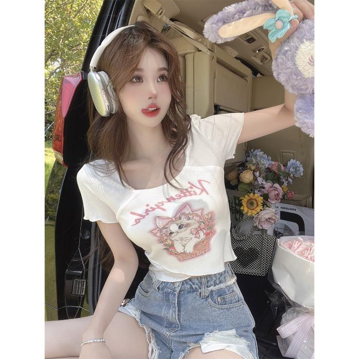 Cartoon Printed Square Neck Front Shoulder Short Sleeve T-Shirt Women's Pure Desire Sweet and Spicy Clavicle Slim Skinny Top