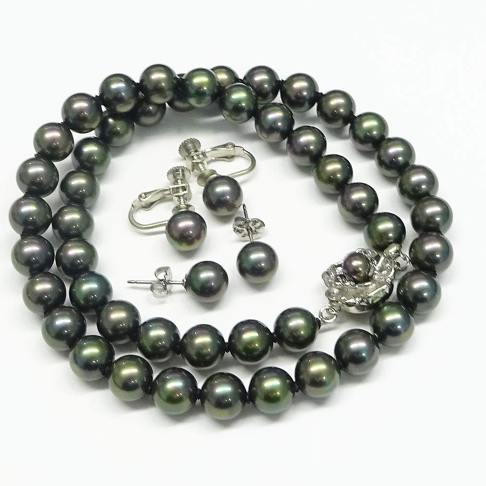 [Your and My Jewelry Box] Black Pearl Necklace and Earrings (Piercings) Set, Peacock Color  Black Mother-of-Pearl Pearls 8.0mm and Up Size Made In