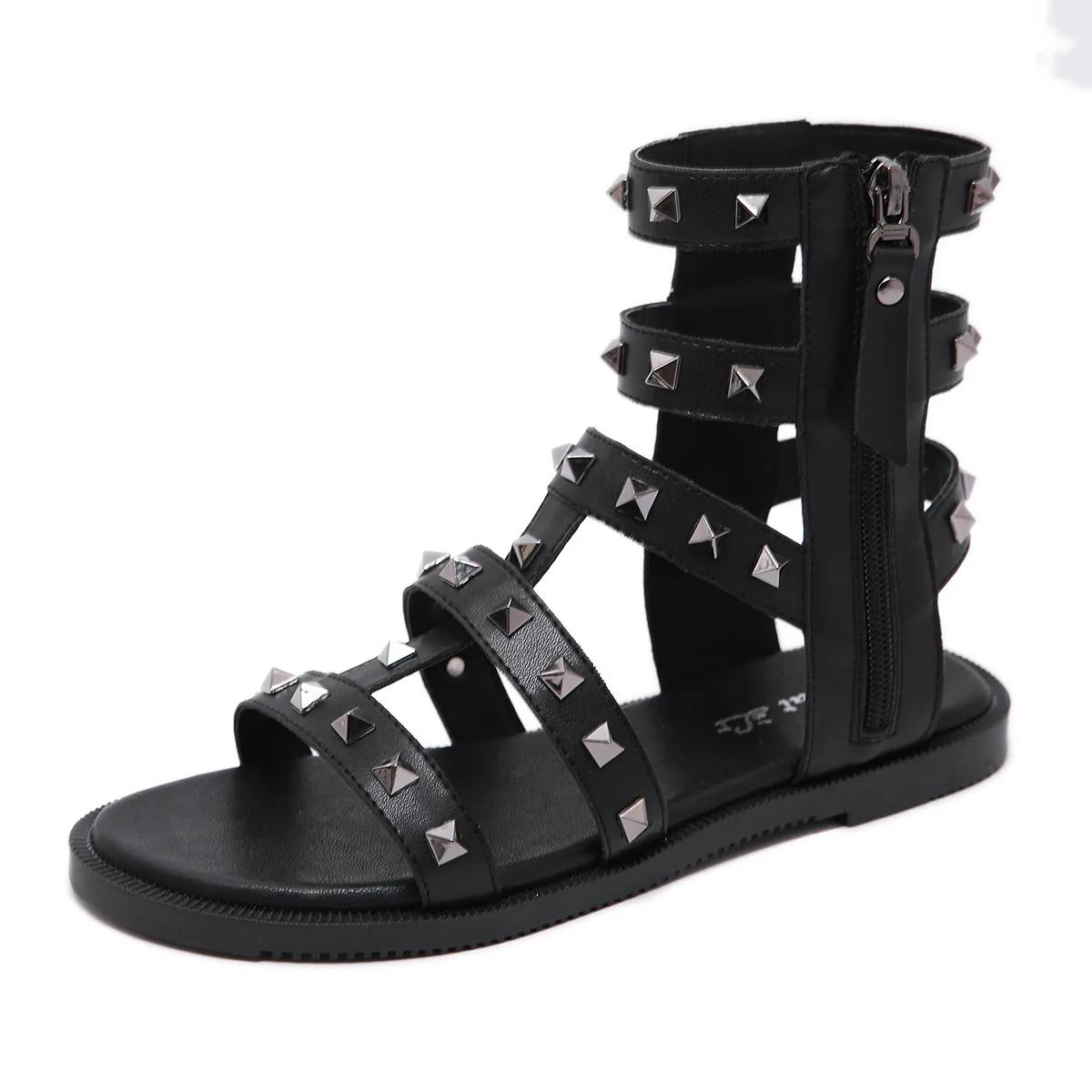 

Женские сандалии на плоской подошве с боковой молнией, летние повседневные туфли с открытым носком, универсальные римские сандалии 35 чёрный