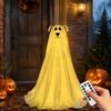 Chien fantôme lumineux pour patio, décoration d'Halloween éclairée, figurine autonome mignonne et effrayante à piles avec télécommande et guirlande lumineuse pour porte d'entrée,