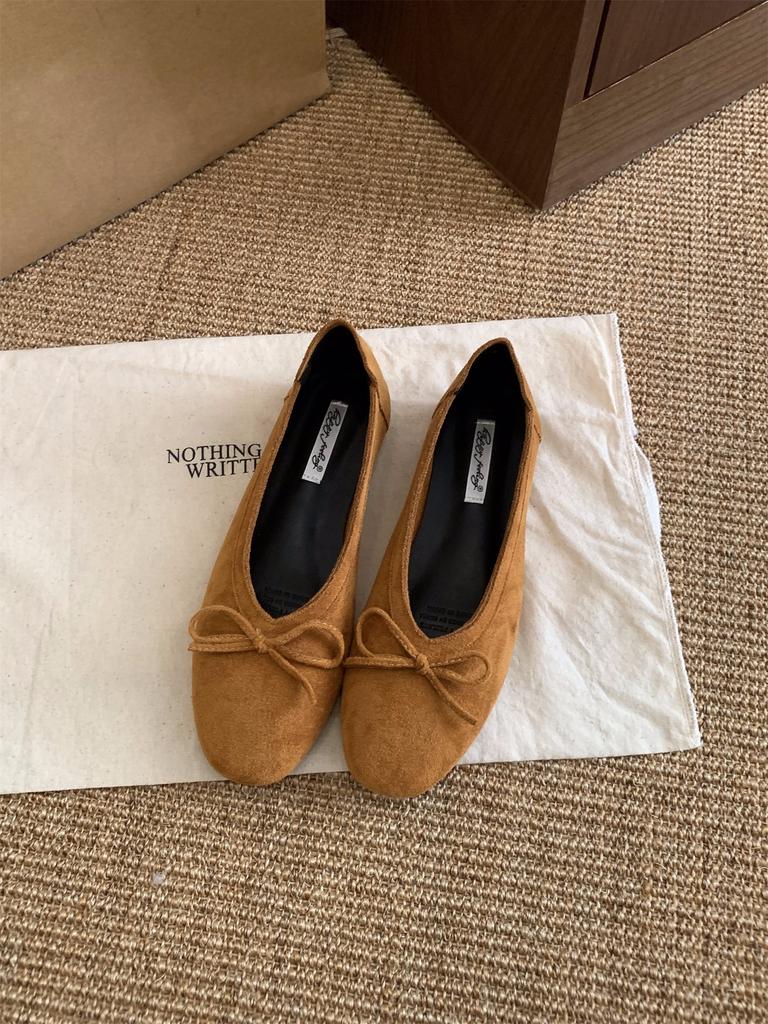 Vintage suede bow black commuter single shoes women's shoes 2025 autumn ballet flat French evening shoes