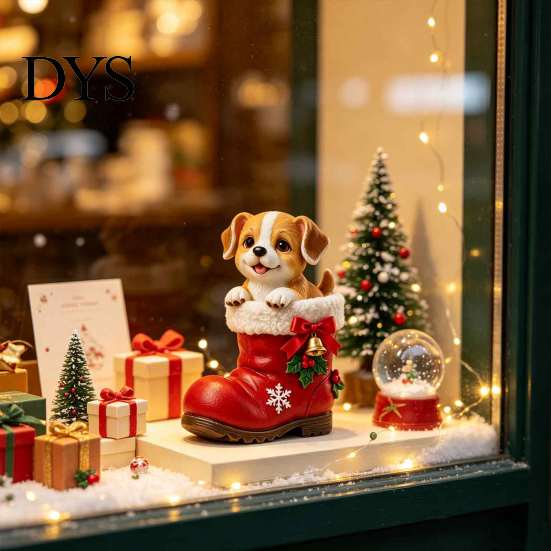 Winter Atmosphere Ornaments Christmas Puppy in Santa Boot Resin Figurine, Cute Dog Holiday Tabletop Decor with Home Decorations Bow Bell Holly,