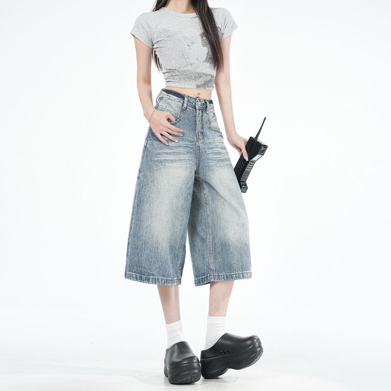 Trendy Summer Fresh Light Blue Loose Wide Leg Cropped Capri Denim Pants For Women Versatile Loose Straight Slimming Daily Wear