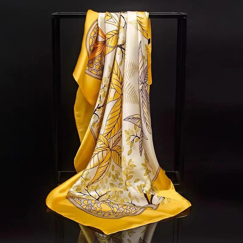 1Pcs 70Cm Fallen Leaf Autumn Yellow Silk Scarf For Women Simulated Silk Elegant Fresh And Versatile Headwear And Clothing