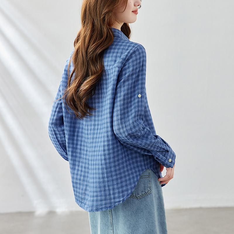 Blue Plaid Shirt Women's Long-sleeved Spring Clothes New Style Literary Plaid Top Temperament Retro Shirt