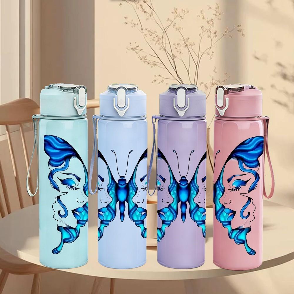 1PC Blue Gradient Butterfly Wing Print 750ml Color Plastic Sports Water Bottle Leakproof Flip Straw Lid Suitable for Sports Office Home Use