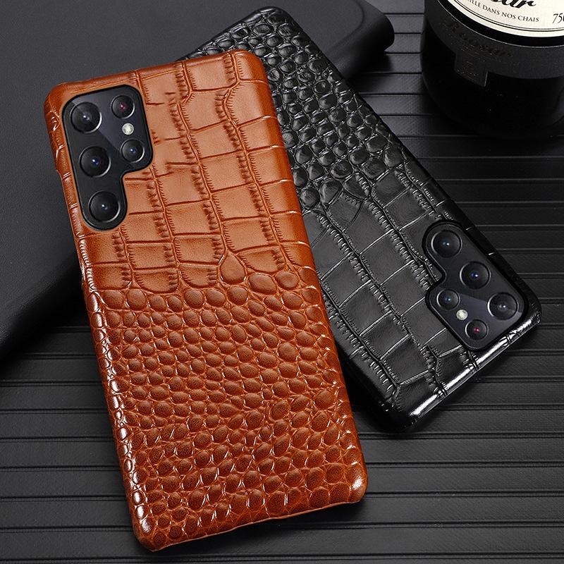 Capa de Couro de Vaca com Padrão de Crocodilo Retro para Samsung Galaxy S25 Ultra S24 FE S23 S22 S21 Plus S20 Note20 Edge Capa Dura