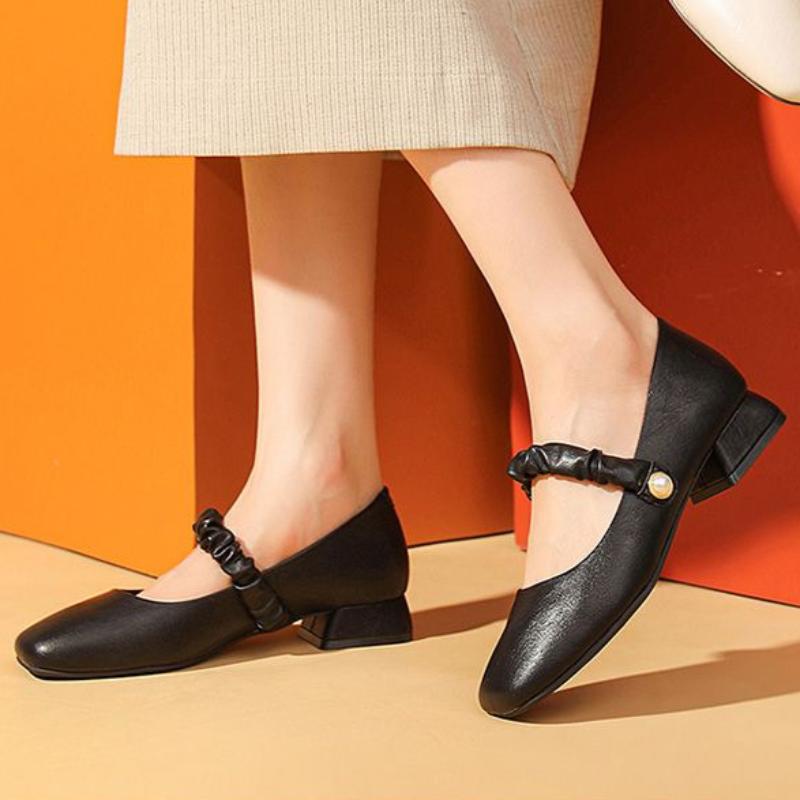 Mary Jane Women's Shoes Summer Medium and High Heel French Evening Style Small Leather Shoes Thin Single Shoes