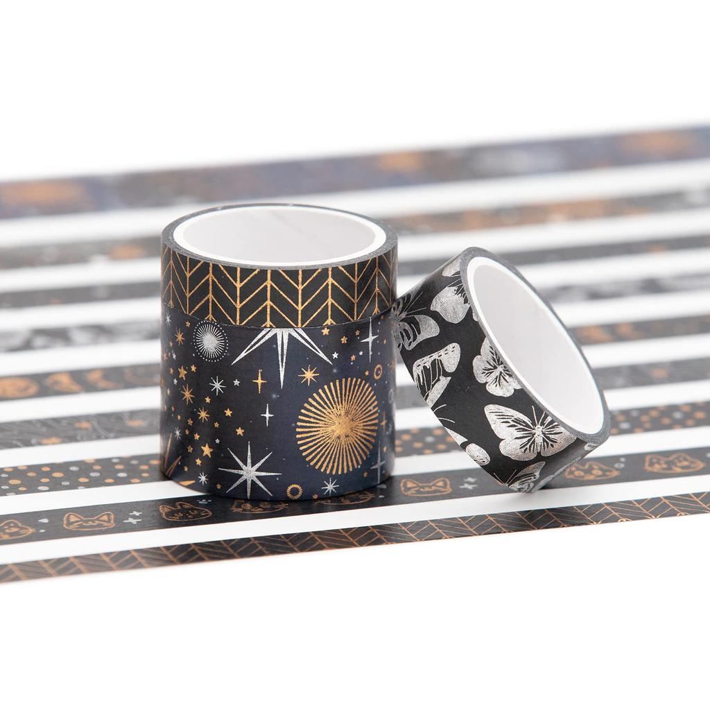 YUBBAEX 9 Rolls of Mysterious Space Masking Foil Super Perfect for Gift DIY and Notebook Decor Tape, Wide, Silver/Gold Stamping, Cute, Thin, Wrapping,