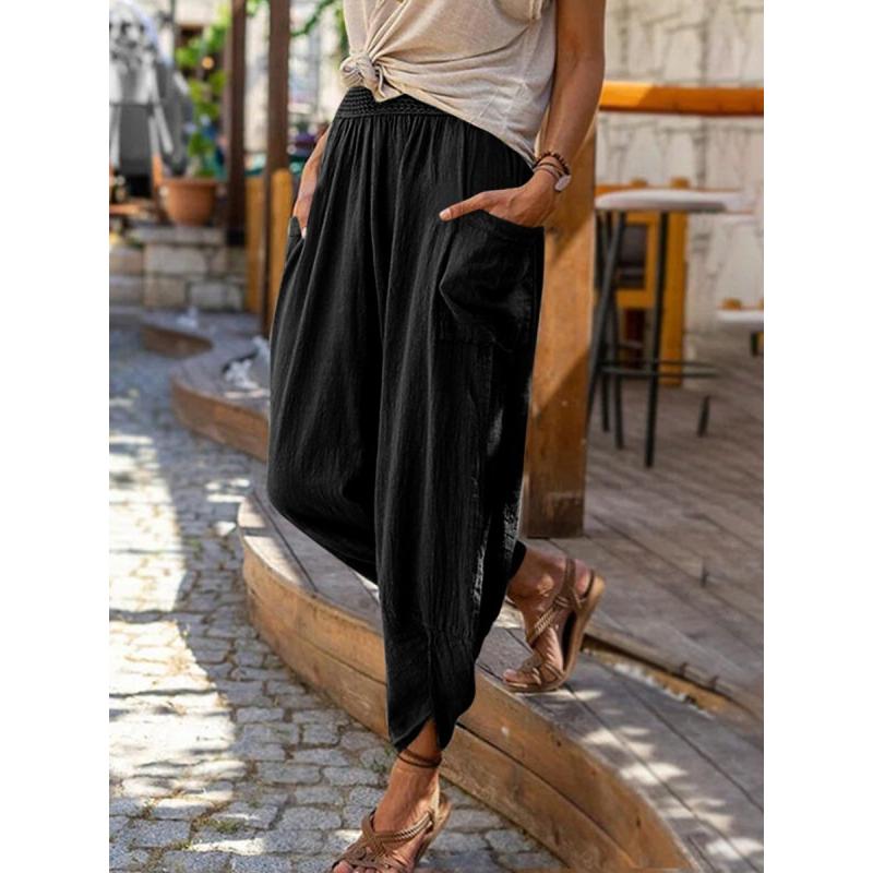New Women's Cotton Linen Wide Leg Pants, Loose Fit Casual Joggers with Side Pockets and Elastic Cuffs for Spring Summer Beach Wear