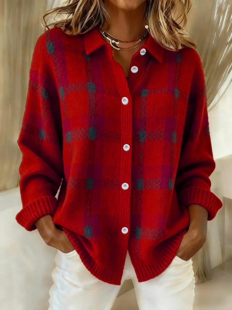 Women's Casual Plaid Long Sleeve Lapel Cardigan