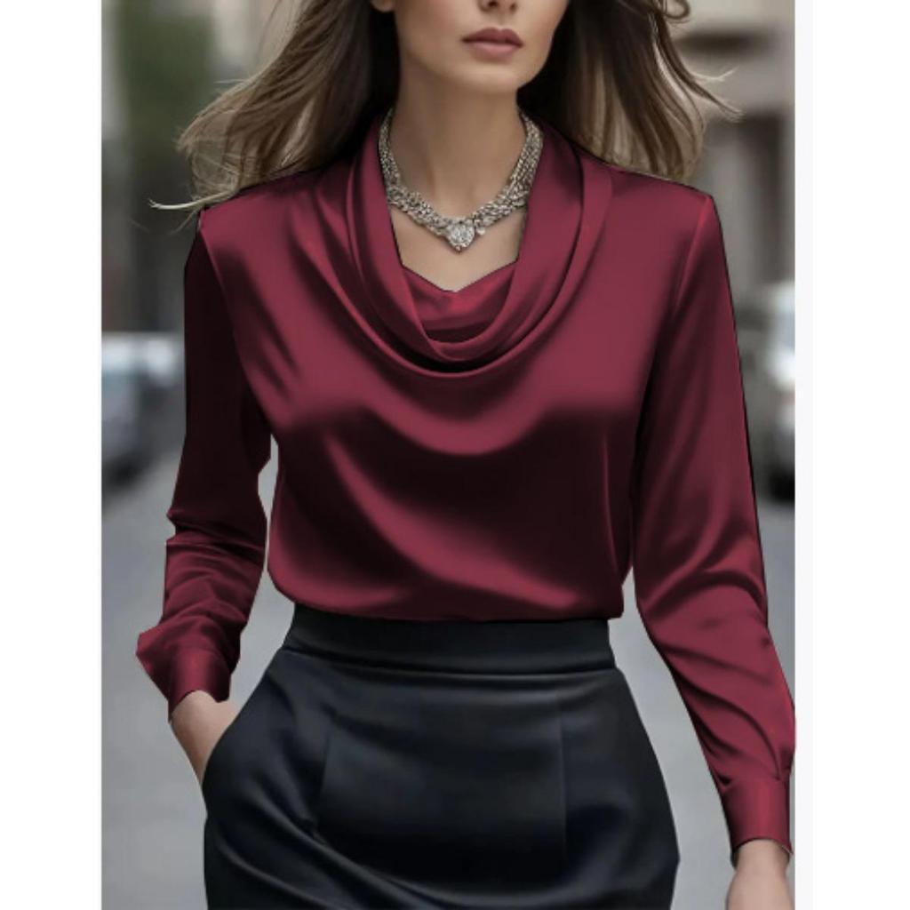 Autumn Fashion Women's Solid Color Simple Slash Neck Long Sleeve Blouse Elegant Shirt