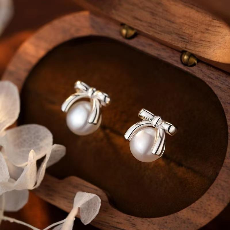 Real 925 Silver Bowknot Pearl Mini Stud Earrings For Women Party Classic Fine Jewelry Small Niche Accessories