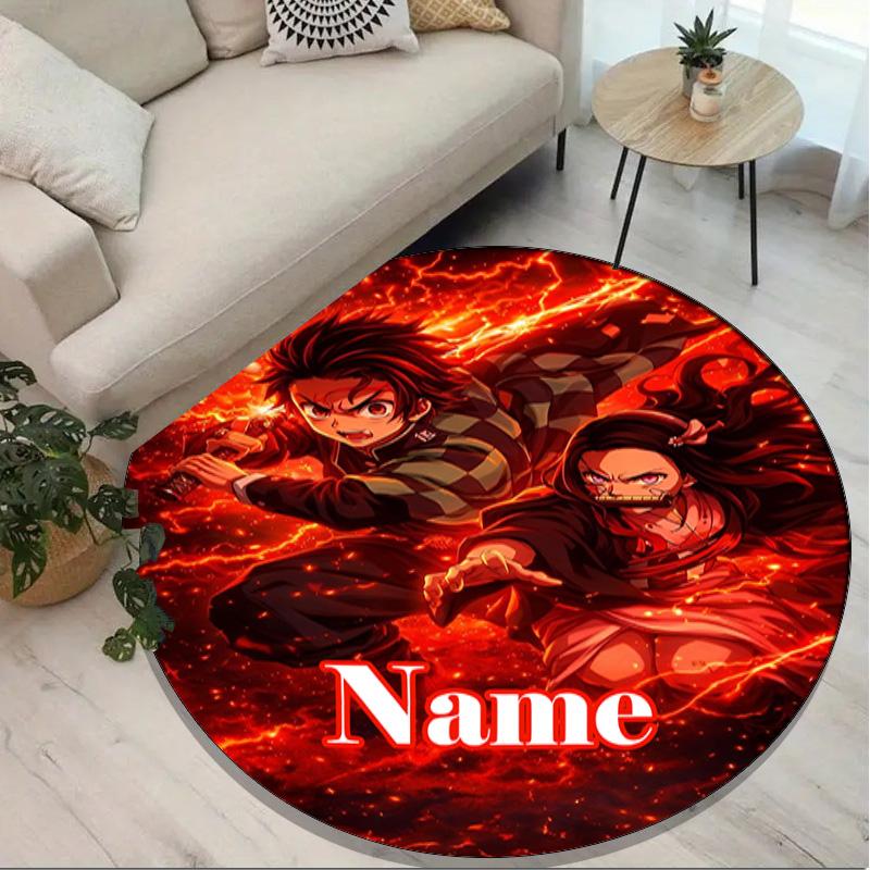 Custom Name Personalized Demon Slayer Print Round Rug, Versatile Home Decor Carpet, for Playroom, Apartment, Balcony, Entryway, Hallway Gift
