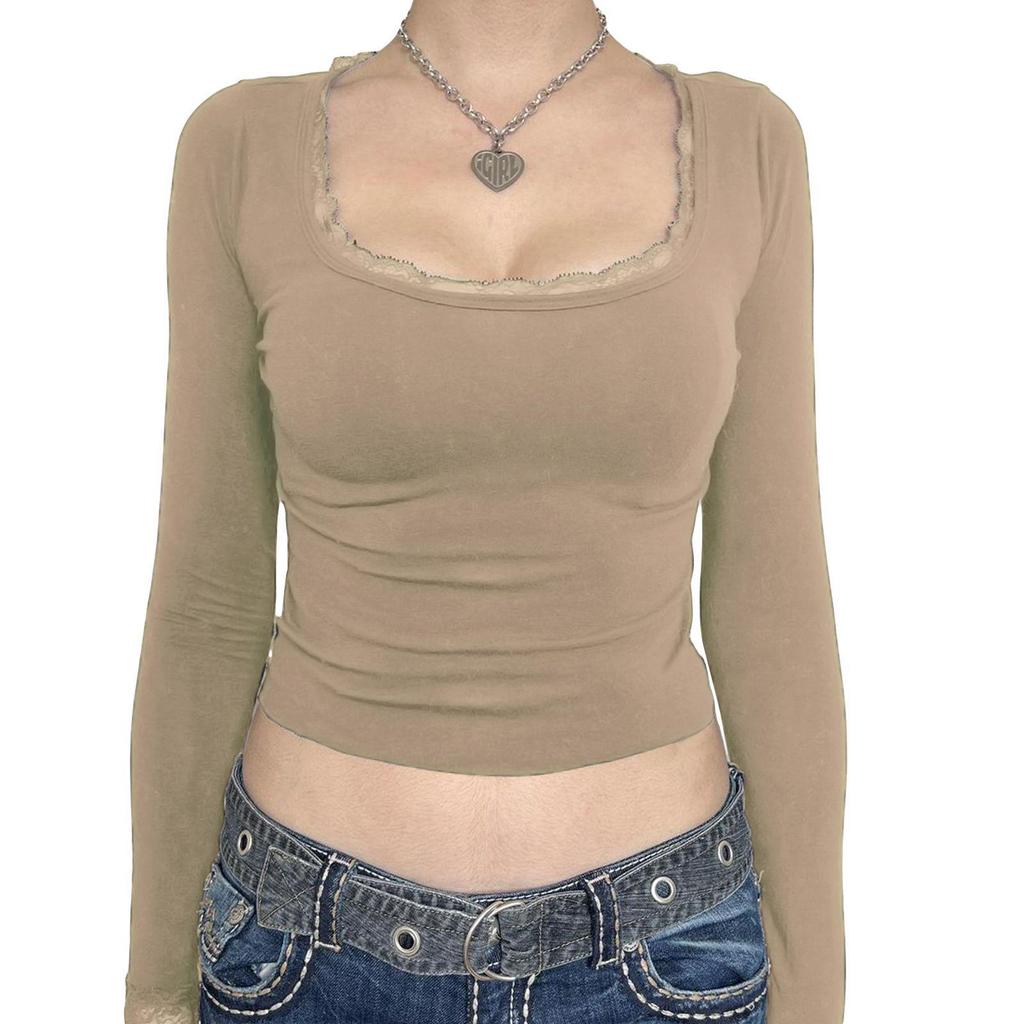 Women's Long Sleeve Square Neck Lace Trim Slim Fit T-shirt