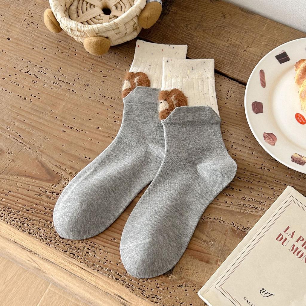 Ladies Autumn Winter Cotton Color Matching Cute Cartoon Tube Pile Socks