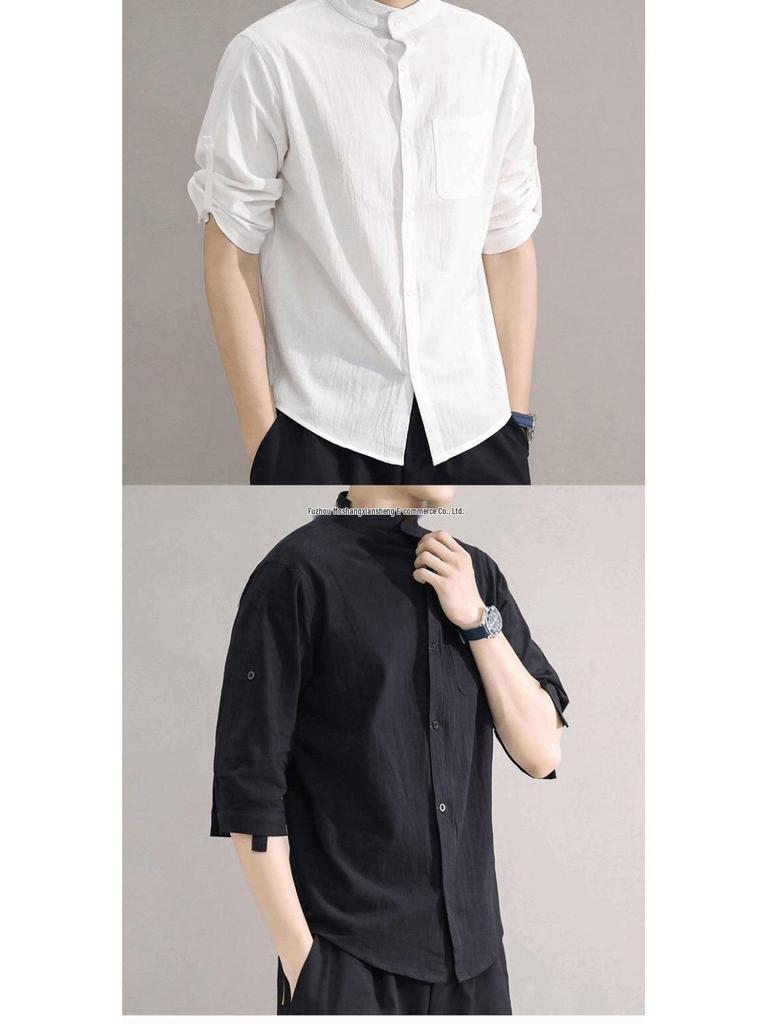 Men's Summer Korean Style Cotton-Linen Slim Fit Linen Shirt with Five-Point Sleeves.