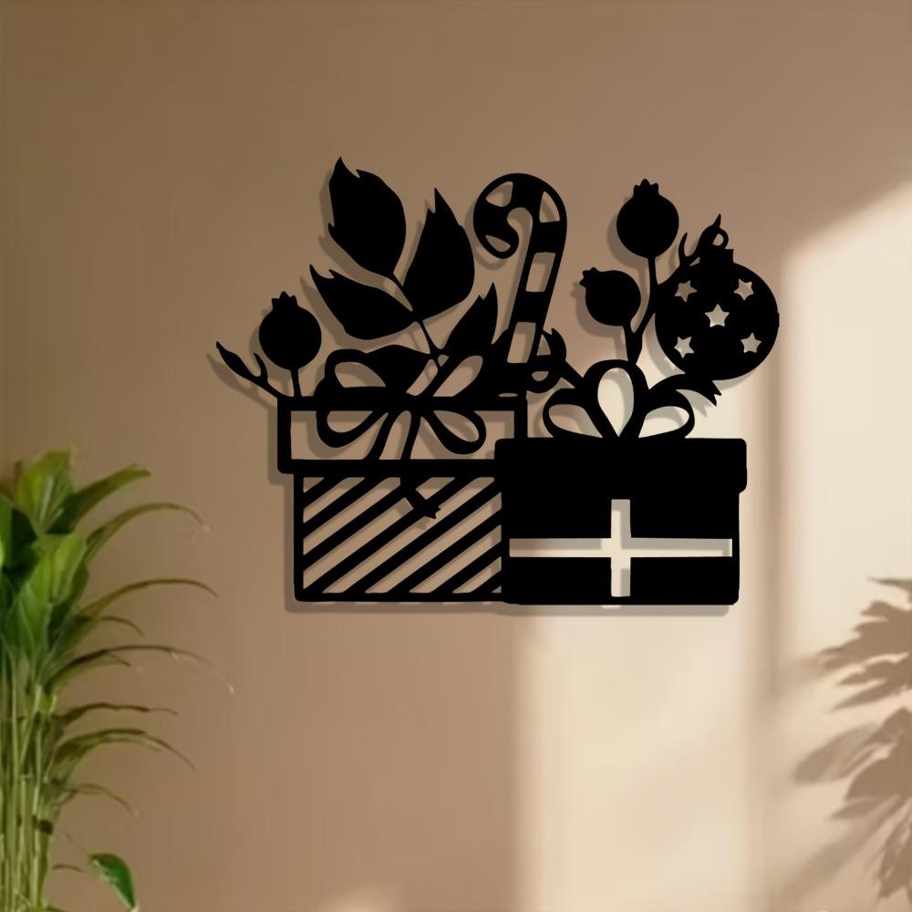 1pc Metal Gift Box Wall Art Iron Decor for Christmas New Year Holiday, Rustproof Ornament for Living Room Garden Fence, Seasonal Home Decoration
