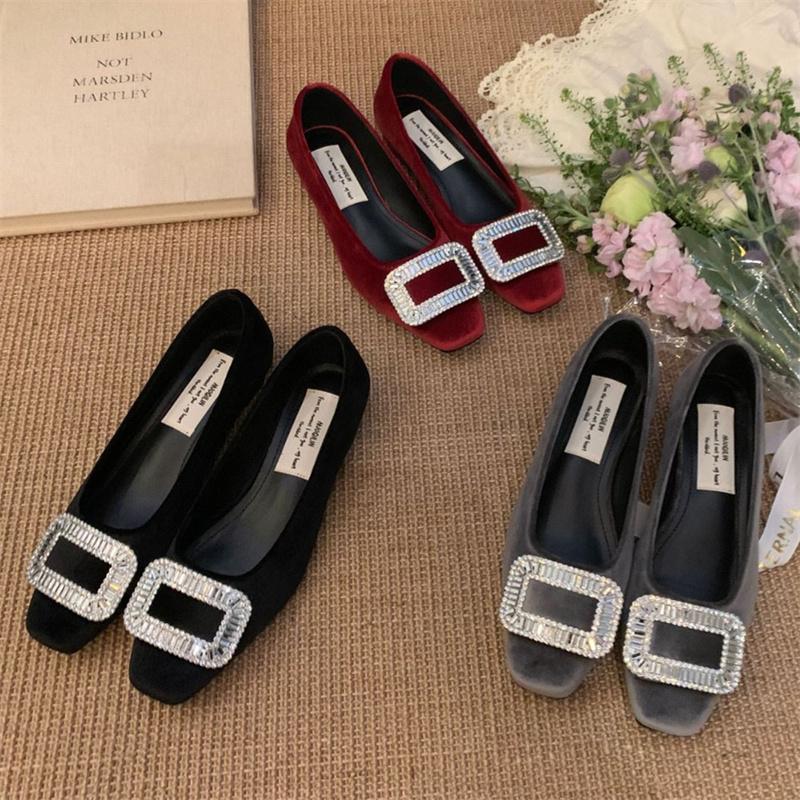 IPPEUM Ballet Flats Rhinestone Shoes For Women 2025 New Square Toe Red Velvet Ballerina Shoes Women