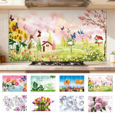 Kitchen Oil Proof Wall Stickers Flowers/Fruits/Green Leaves Waterproof Backsplash Wall Protector Film Removable