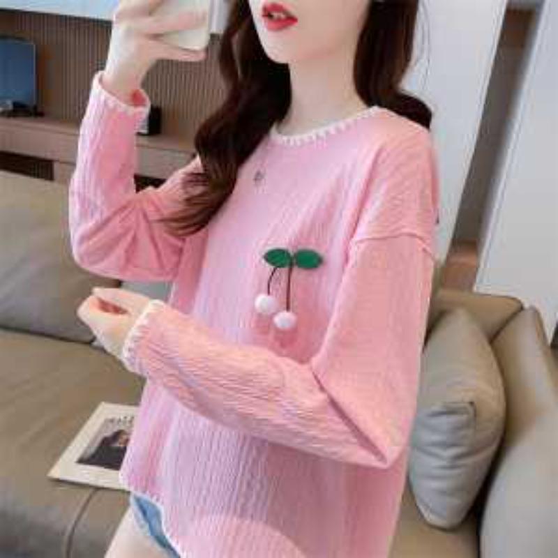 

Кружевной воротник с дофамином Зарубежный стиль Весна Осень Тонкая Корейская Свободная Футболка с длинным рукавом и круглым вырезом Женская Модная M розовый