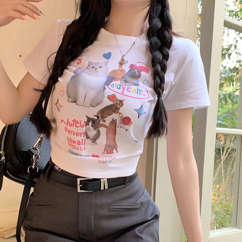 Slim Casual T-shirt For Women Cute Cartoon Print Soft Breathable Versatile Summer Short Sleeve Crop Top