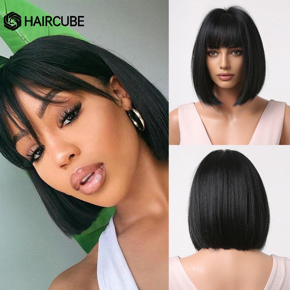 Medium Length Ombre Brown To Blonde Straight Hair Wigs with Bangs Synthetic Wigs for Women Cosplay Heat Resistant Natural Wigs