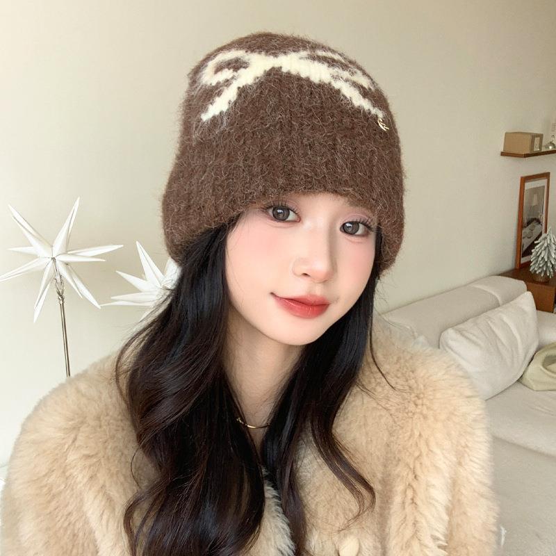 Bow Jacquard Knitted Hat Season Fashion Versatile Hat Women's Big Head Circumference Small Wool Hat