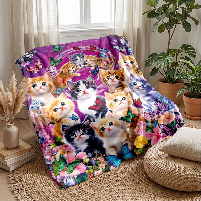 Butterflies and Kittens Garden blanket Personalized Name Flannel Blanket Soft Cozy Plush Throw for Sofa Bed Lightweight Home Decor