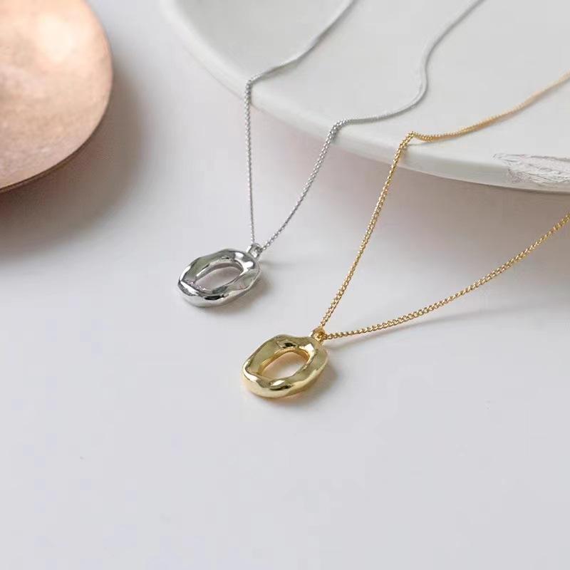 S925 Sterling Silver Oval Irregular Circle Necklace Women's Retro Simple Light Luxury Korean Style Sweater Chain Versatile High Sense