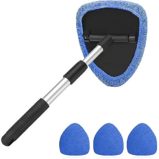 Windshield Cleaning Tool, Car Window Cleaner With Extendable Long Handle And 4 Washable Reusable Microfiber Pads, Auto Interior Exterior Glass Wiper