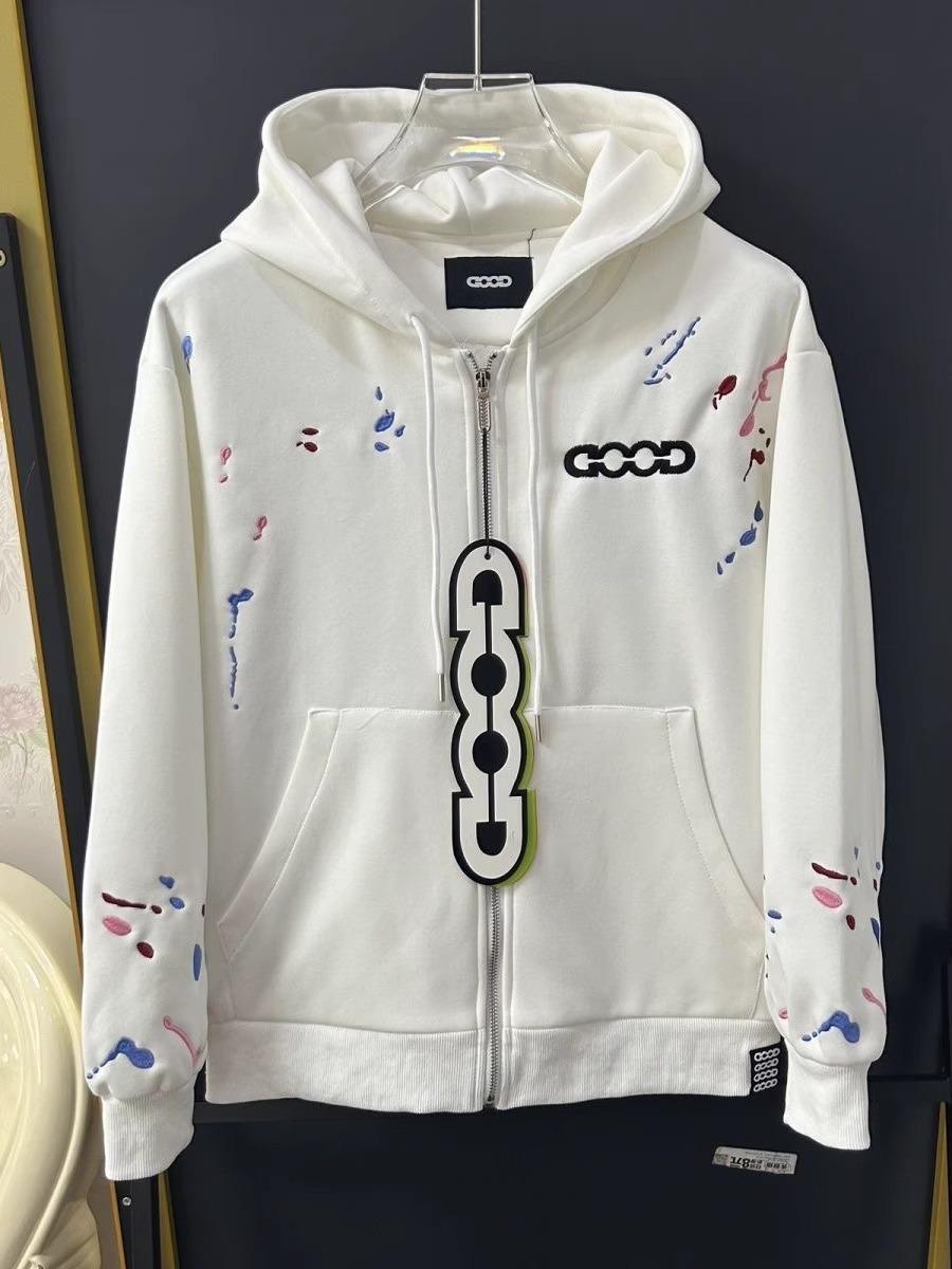 Men s Trendy Loose Fit Hooded Cardigan: Embroidered Letter Zip-Up Jacket - Paint Splatter Design 3XL