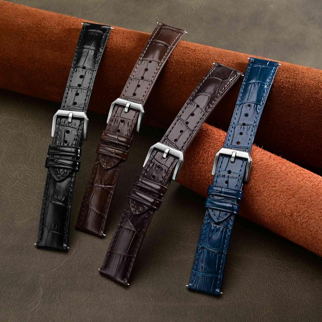 ANNEFIT Genuine Leather Watch Replacement Quick Buckle Band, 24mm, Crocodile-Embossed Leather, Strap, Release, Blue/Silver