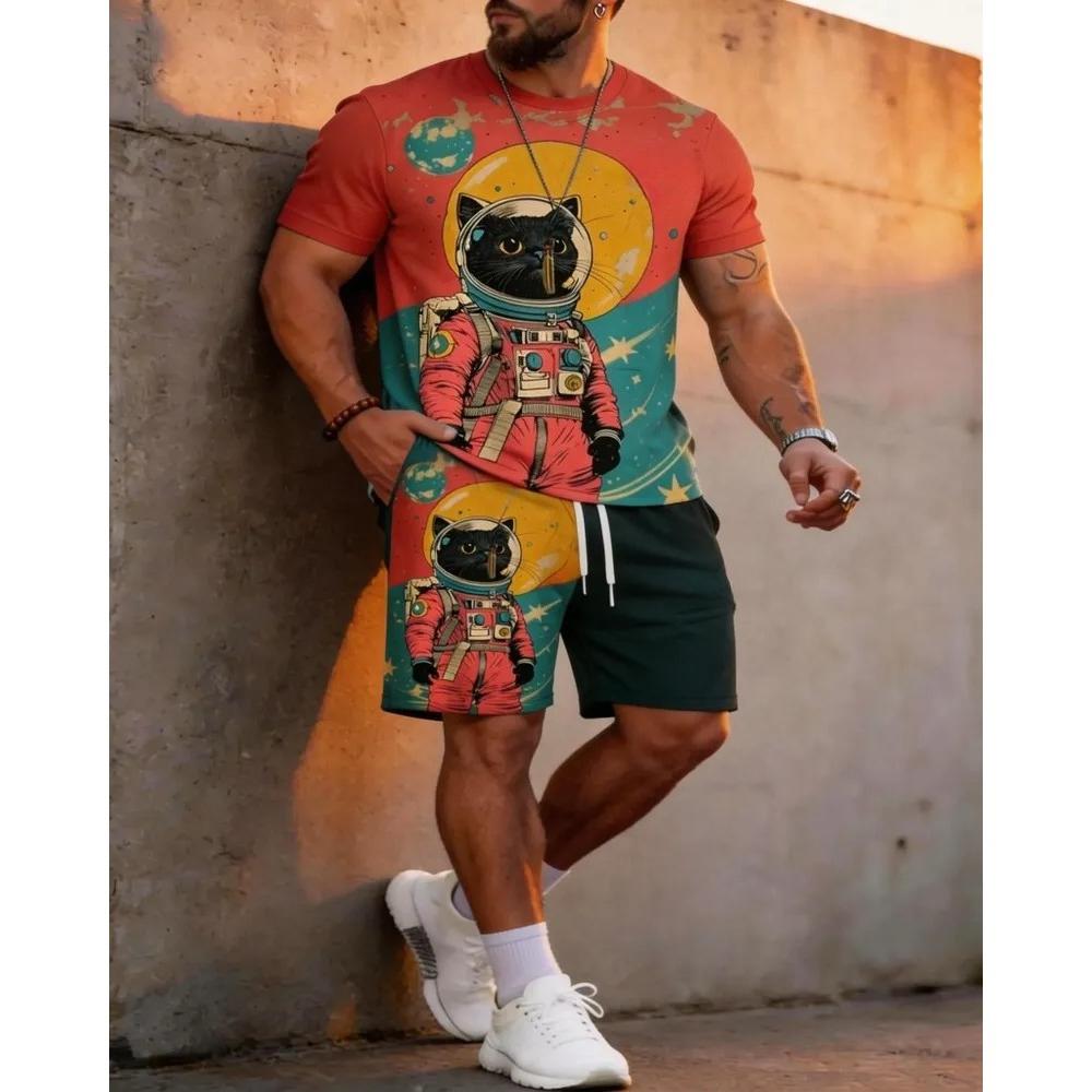 Summer Fashion Men's Personalized Fun Animal 3D Printing Two-piece Set Fashionable Comfortable Breathable Loose Large Size Sports Wear