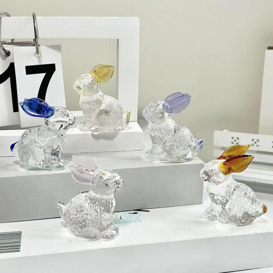 Faux Crystal Easter Bunny Figurine Handmade Clear Glass Rabbit Statue Miniature Animal Sculpture