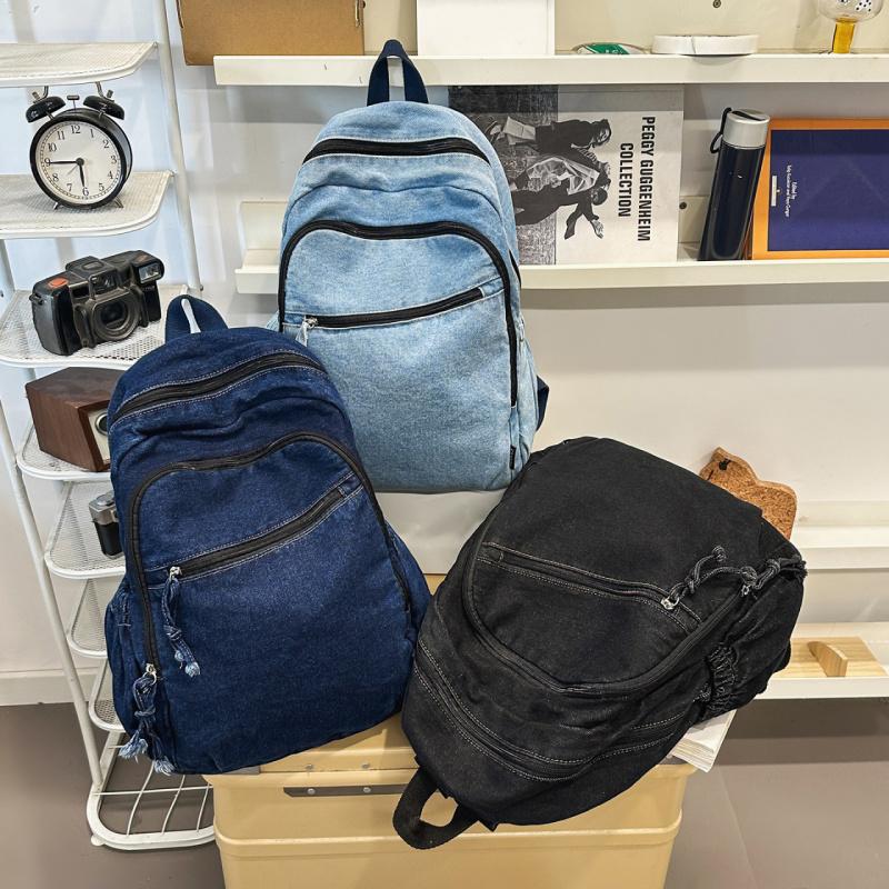 Vintage Denim Backpack for Female College Students Korean Style Casual Backpack for Women Commuting Trendy Brand Junior High Sch