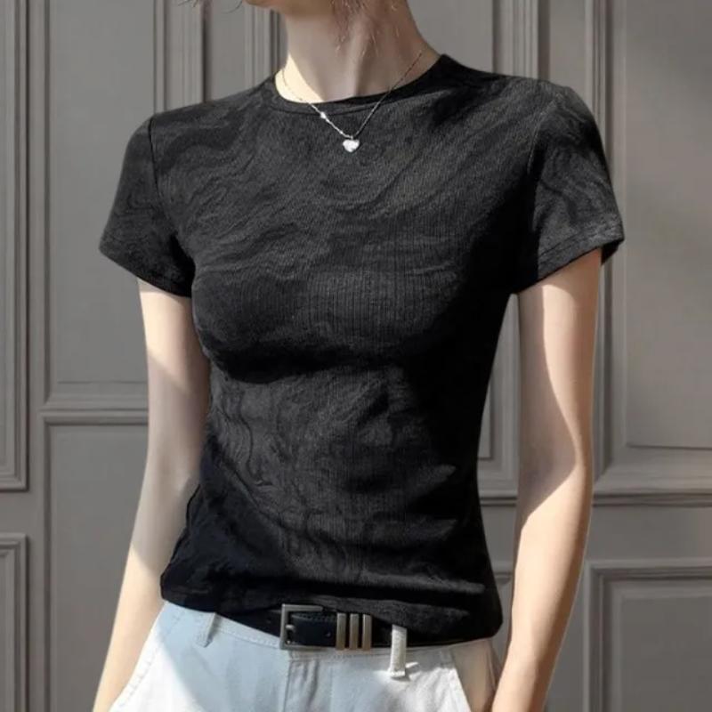 

Women s Gray White Tie-Dye Ribbed T-Shirt Crew Neck Short Sleeve Slim Fit Casual Basic Top S