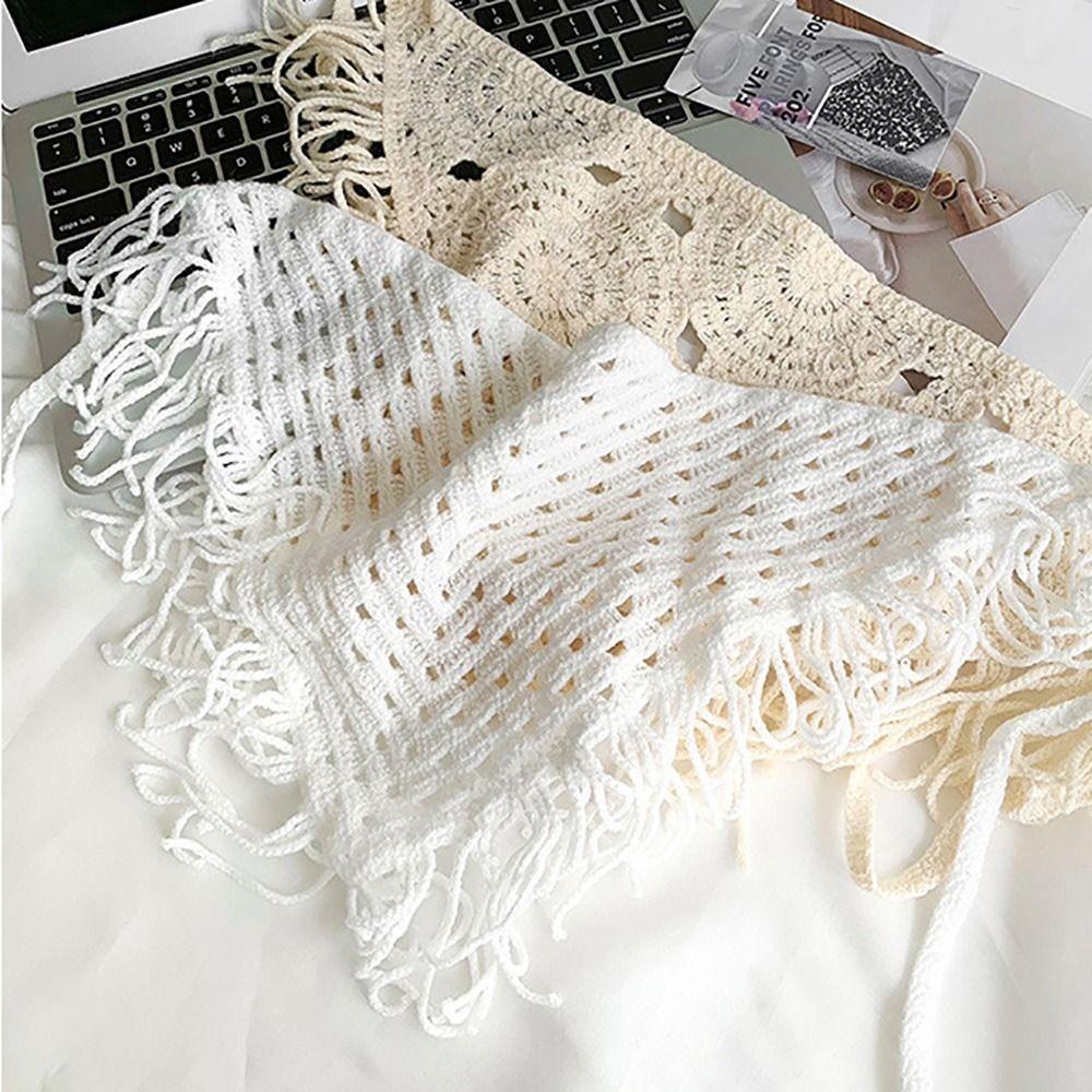 Bohemian Knitted Butt Flap Hollowing Out Tassel Hip Apron Triangular Scarf Tie Straps  Women Girls