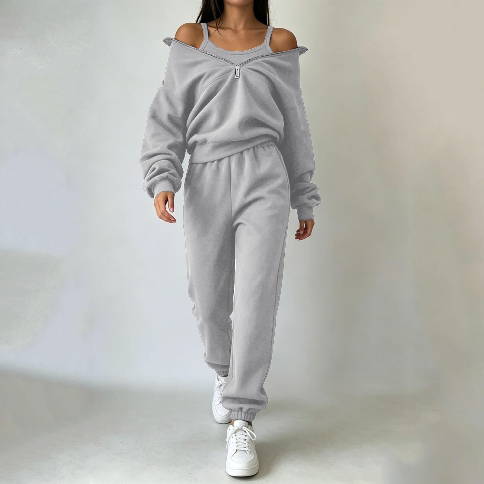 Women s Half Zip Mock Neck Long Sleeve Sweatshirt 2 Piece Outfit Set XXL