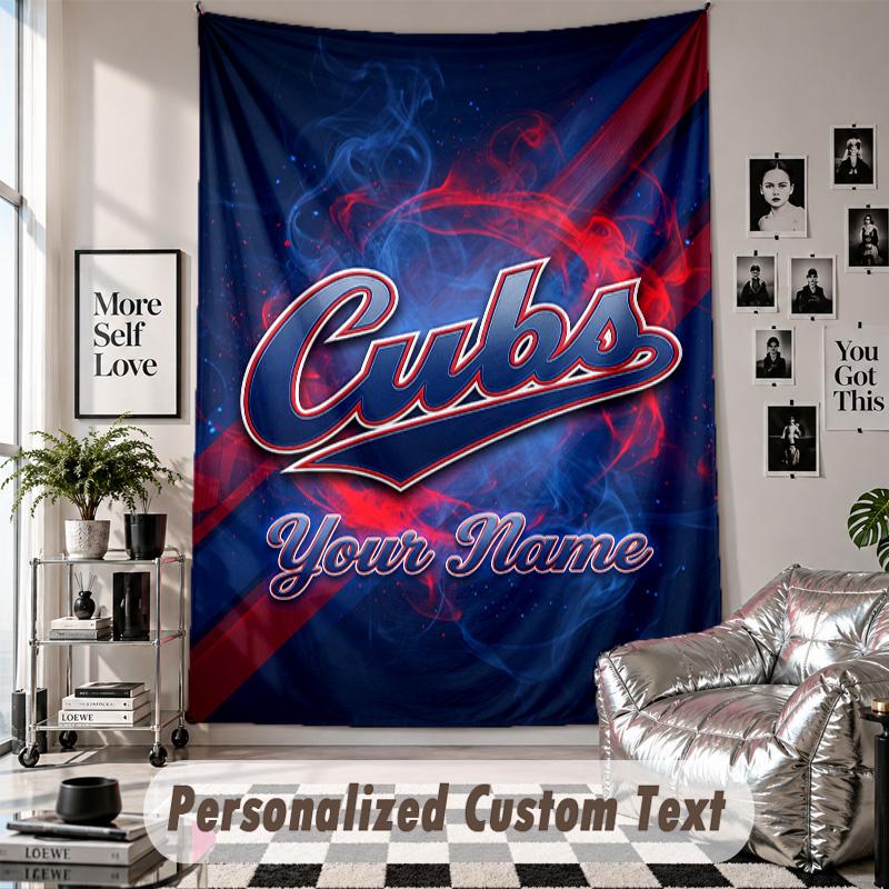 Wall Hanging Tapestry With Custom Name & Text, Chicago Cubs Decorative Tapestry For Bedroom