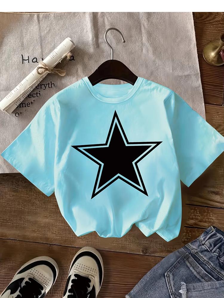 Kids Black Star Graphic TShirt Soft Cotton Minimalist Casual Wear for Boys Girlsdf0105