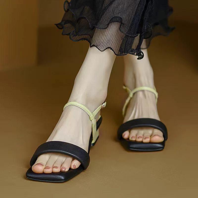 

Huge comfortable~ ins simple one-word buckle open-toe temperament thin-heeled sandals women s summer 2025 mid-heeled shoes 40 чёрный